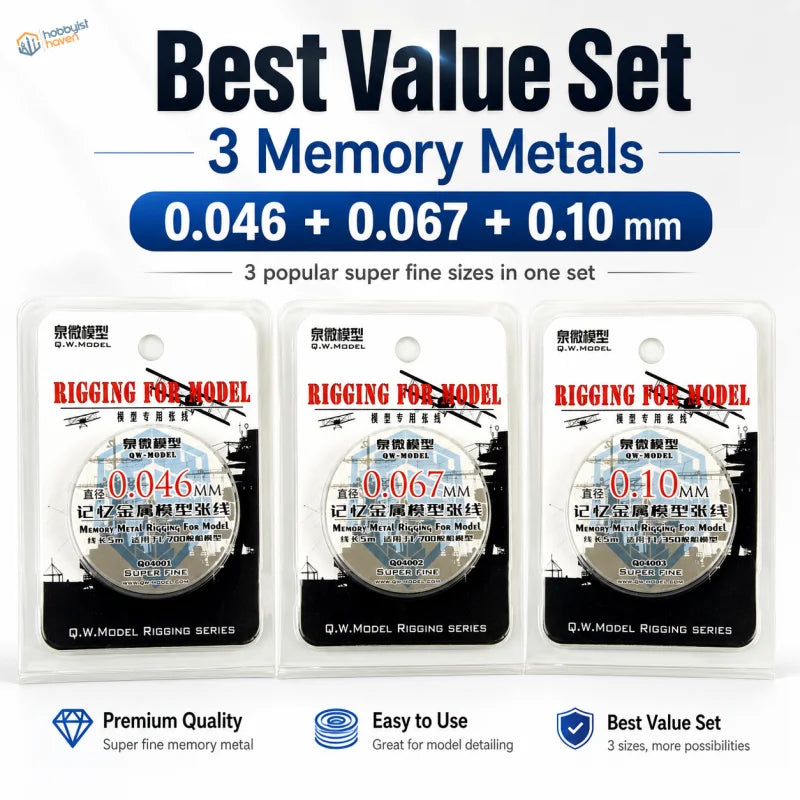 Three packaged super fine rigging wires in rubber memory metal with diameters 0.046mm 0.067mm and 0.10mm for modeling