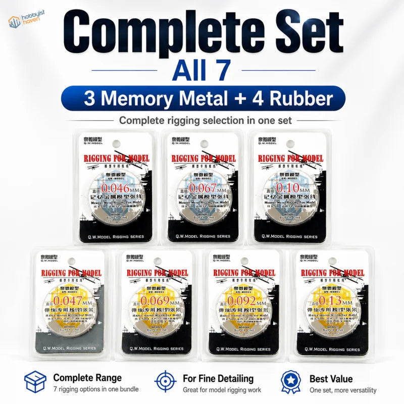 Set of seven rubber and memory metal super fine rigging lines in assorted diameters for fine rigging work
