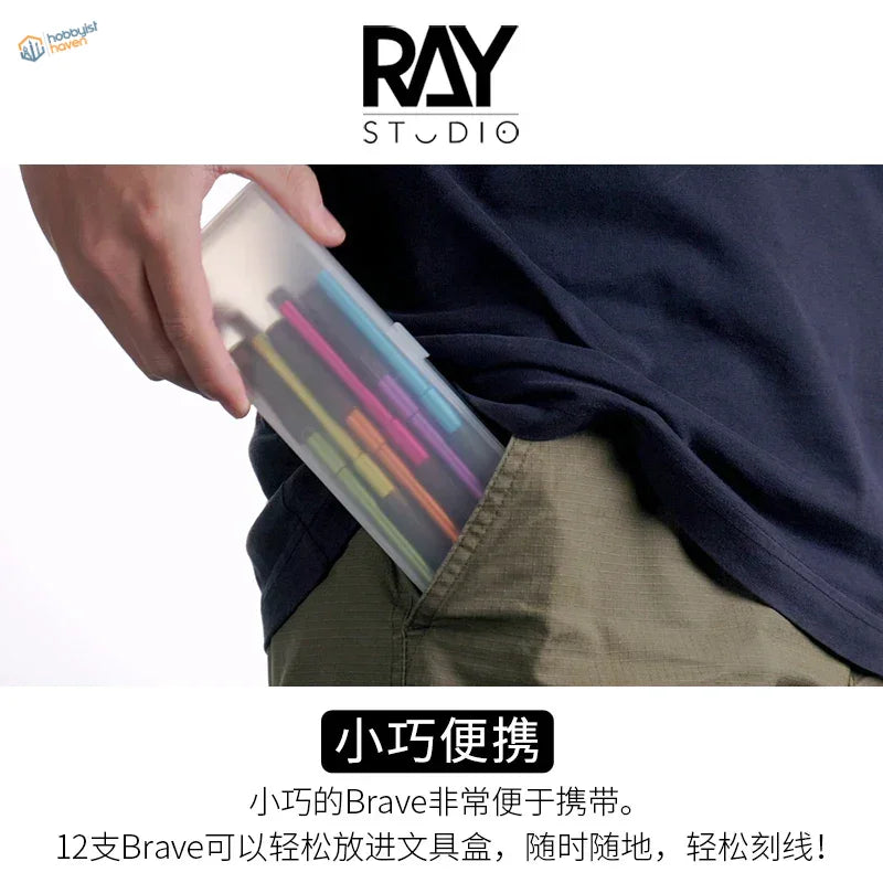 12 Brave color pens in transparent plastic case for precision tungsten carving knives