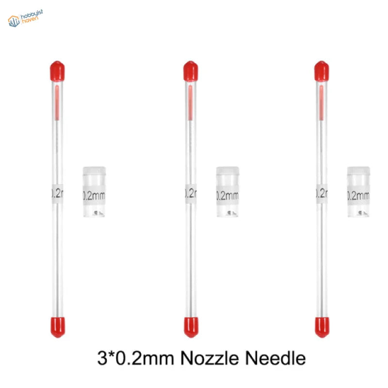 Three 0.2mm transparent airbrush needles with red caps, precision hobby tools