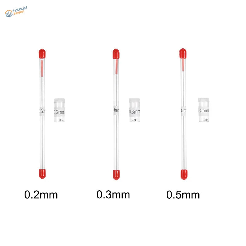 Three 0.2/0.3/0.5mm airbrush needles with red caps, precision hobby tools