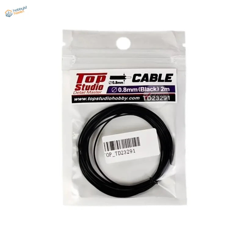 Black 0.8mm wire core cable in clear bag with Top Studio label