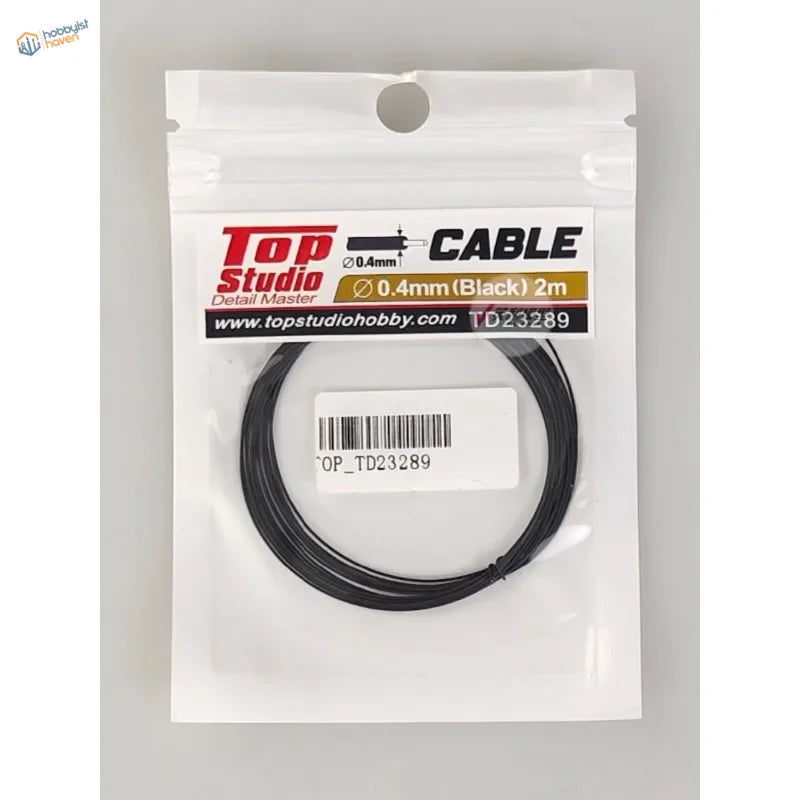 Black 0.4mm wire core cable in clear bag with Top Studio label