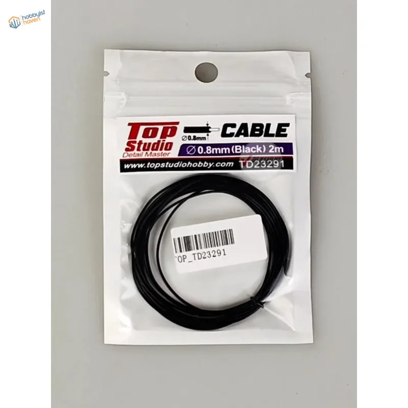 Black 0.8mm wire core cable in clear bag with Top Studio label