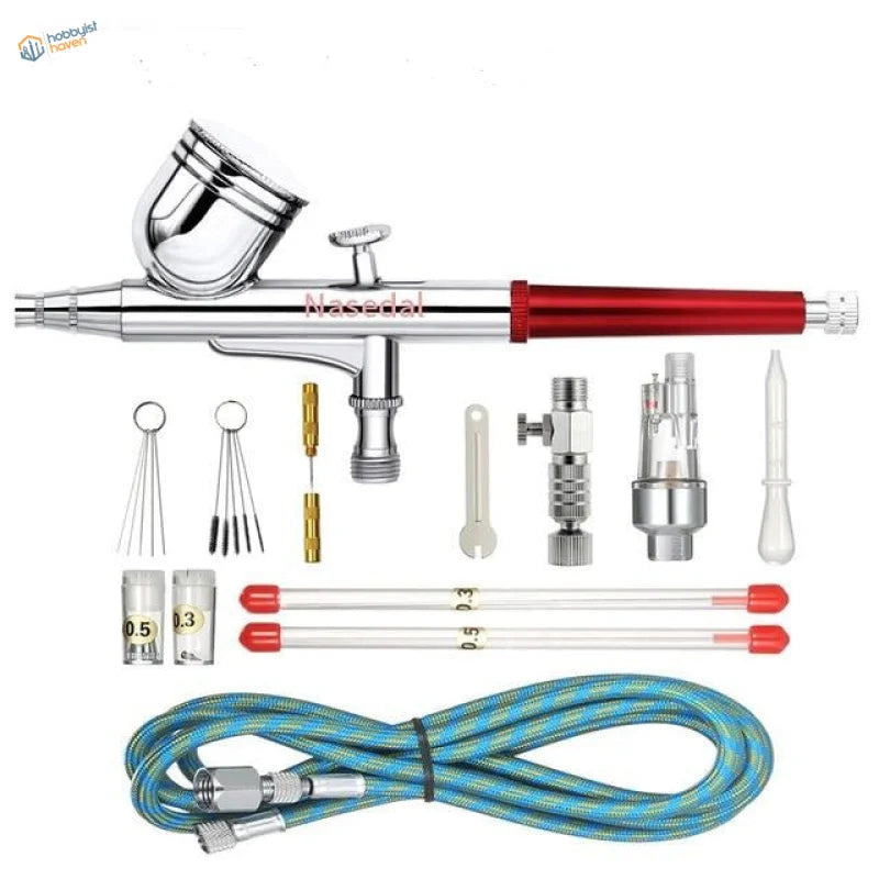 Nasadal 0.3/0.5mm dual action airbrush with red chrome finish, cup, nozzles, hose
