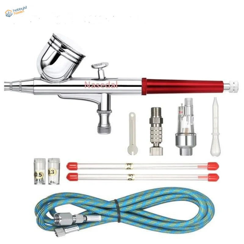 Nasadal 0.3/0.5mm dual action airbrush with chrome body, red grip, accessories