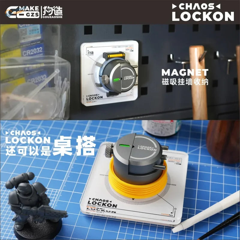 Gray and yellow rotating painting vise with magnetic base and circular dial