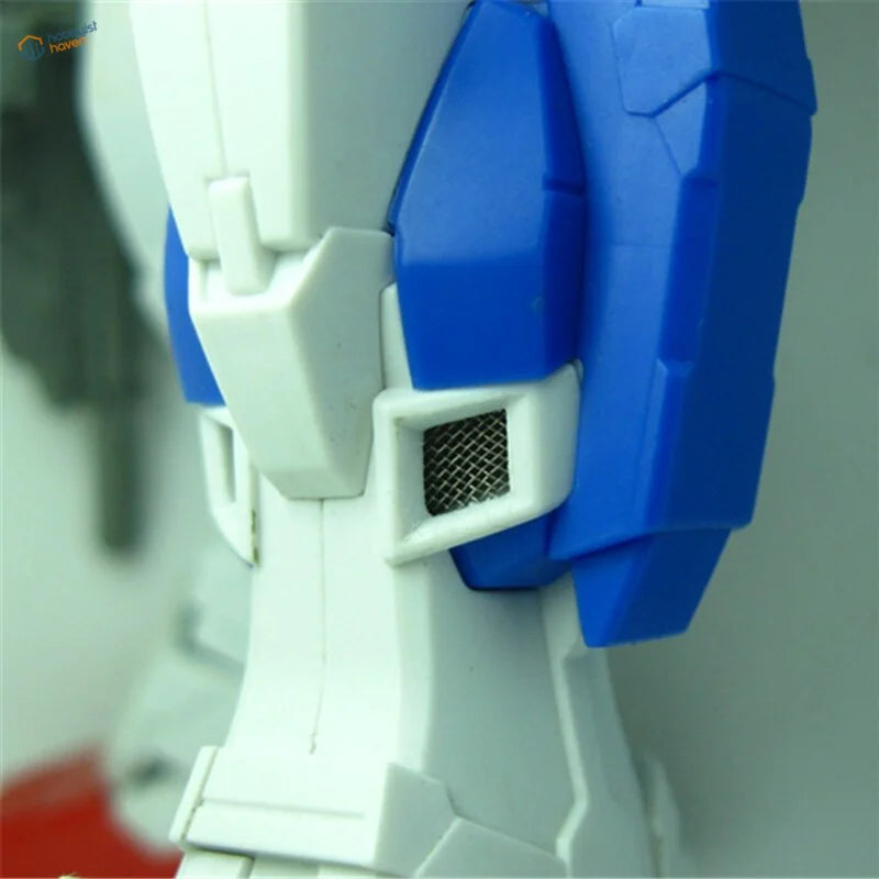 Blue and white Gundam model with 0.3mm metal mesh air intakes for scale models