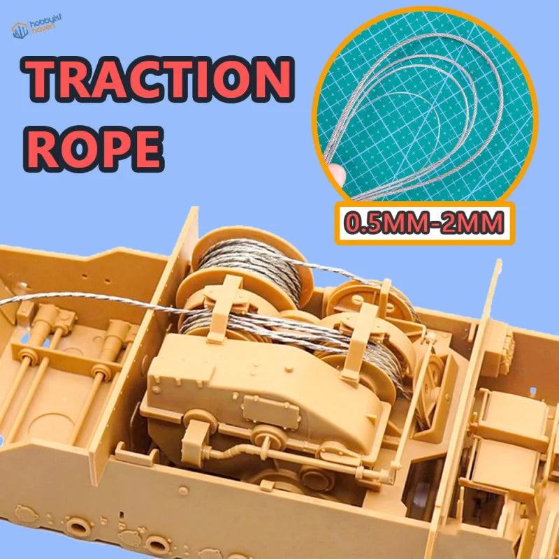 Silver-colored fine-gauge tow cable 0.5-2mm diameter coiled on model reels for scale models and scale modeling tools use