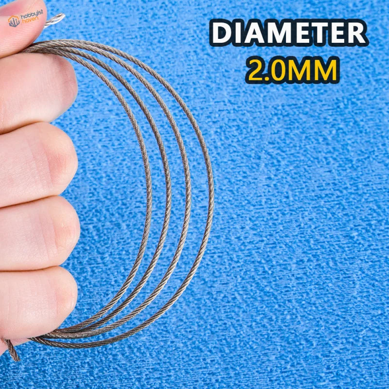 A 2.0mm diameter steel tow cable in metallic gray for scale models and scale modeling tools