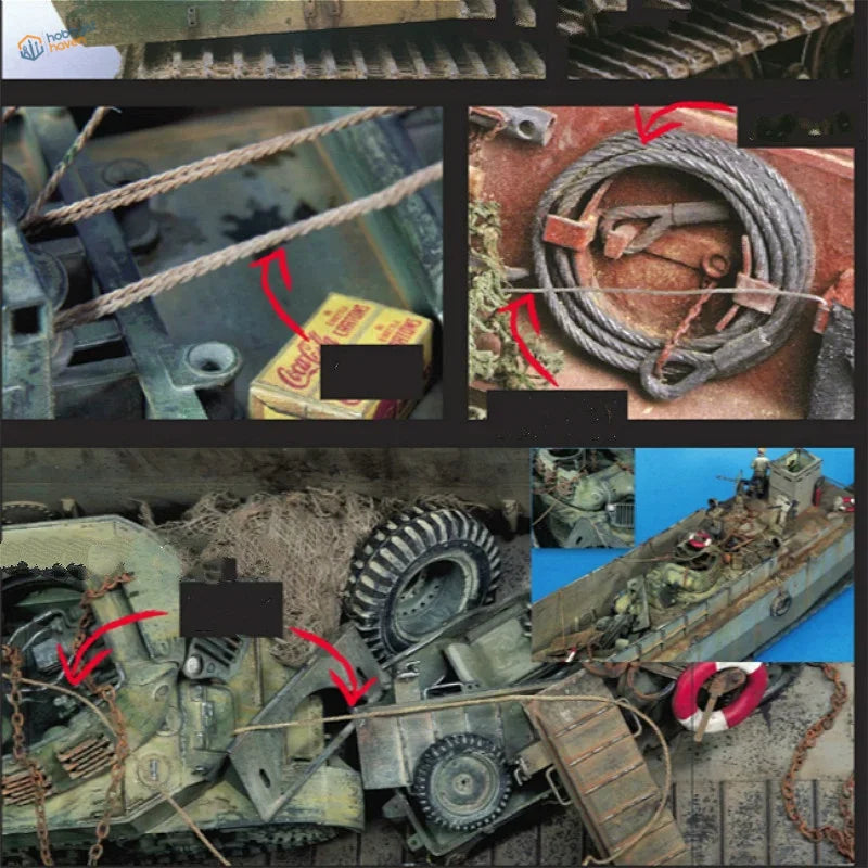Rusty coiled steel traction cable 0.5 to 2mm with metal clips near a faded coca cola box for model use