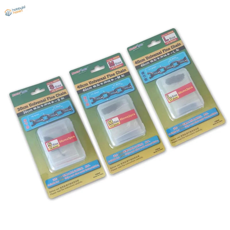 Three 0.6/1.0/1.4mm fine metal chains in S/M/L sizes for scale modeling tools