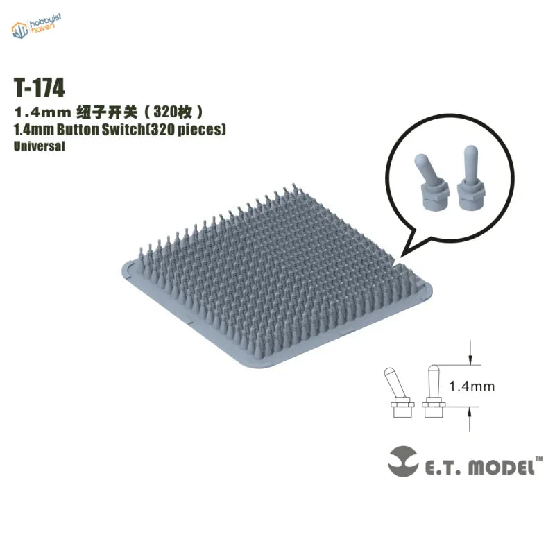 Gray plastic tray of 320 1.4mm universal switches for precision hobby tools