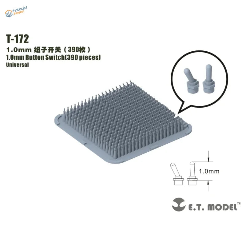 Gray plastic tray of 390 universal 1.0mm 3D-printed hobby tool switches