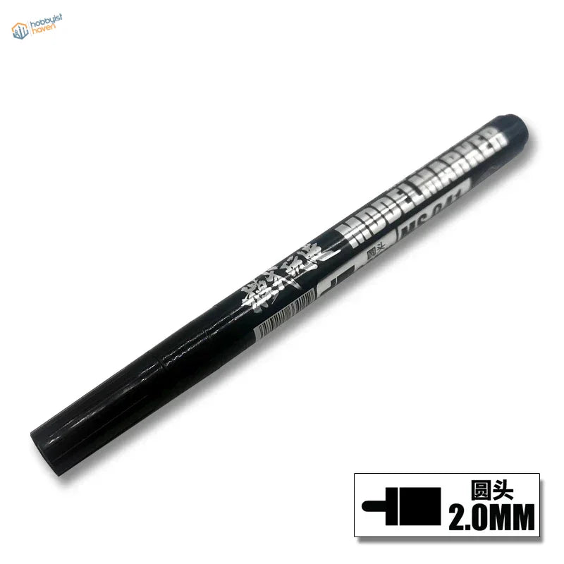Black 2.0mm round tip metallic marker pen with silver graphics