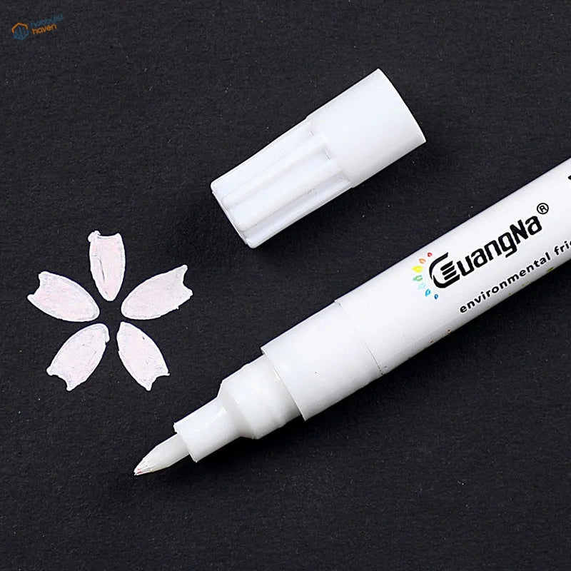 White Euangna 0.7mm acrylic paint marker pen with fine tip, cap and cherry blossom design