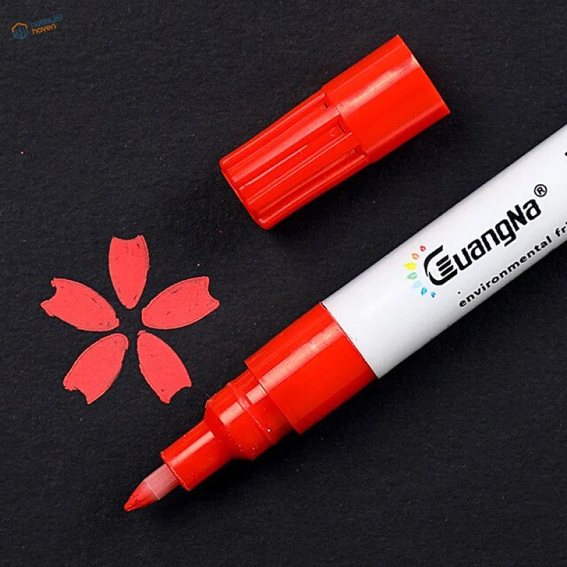Red 0.7mm acrylic paint marker pen with white barrel, red cap, eco label