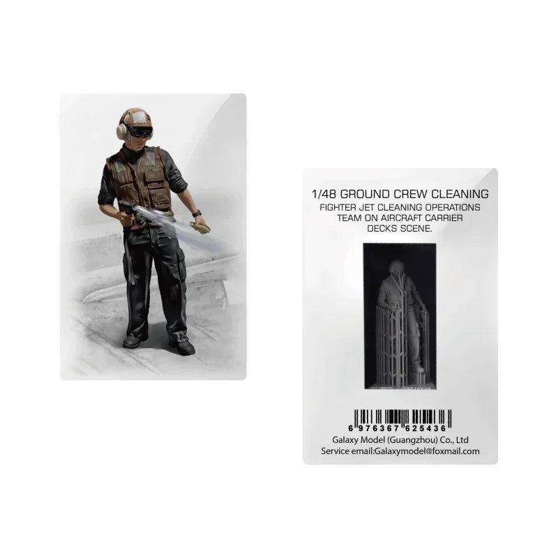 1/48 scale flight deck crew model with cleaning hose on packaging front and back