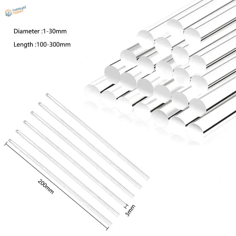 Round transparent rods, 1-30mm diameter, up to 300mm length, 1-10pcs multisize