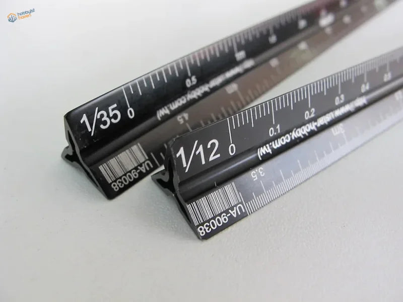 Black triangular multi-scale ruler with 1/12 to 1/72 scales