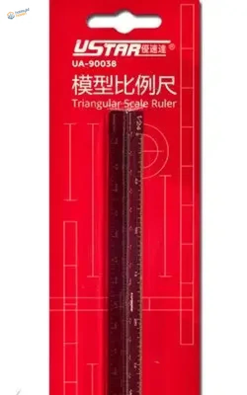 Red 1/12-1/72 triangular multi-scale ruler with black markings