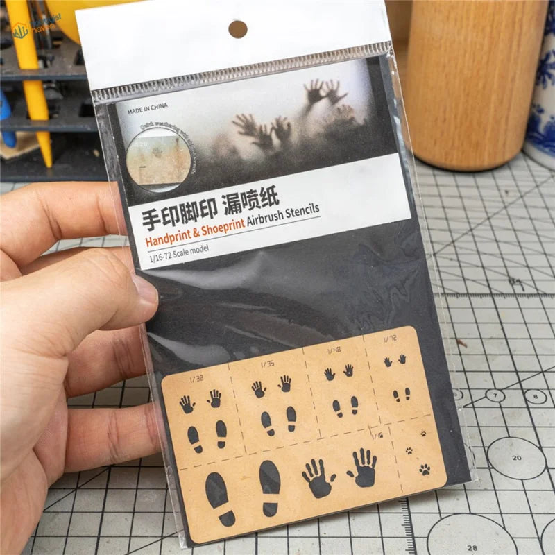 1/16-1/72 scale paw print stencil with tiny details: handprint shoeprint airbrush stencils in clear package