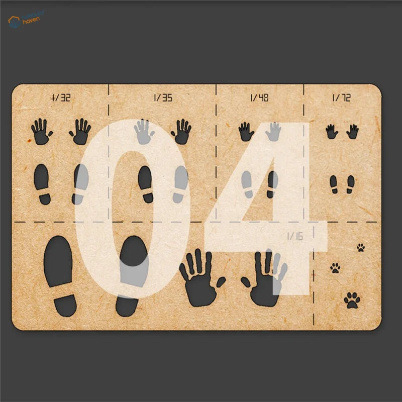 Brown cardboard paw print stencil with black gray hand foot cutouts for 1/16 to 1/72 scale models