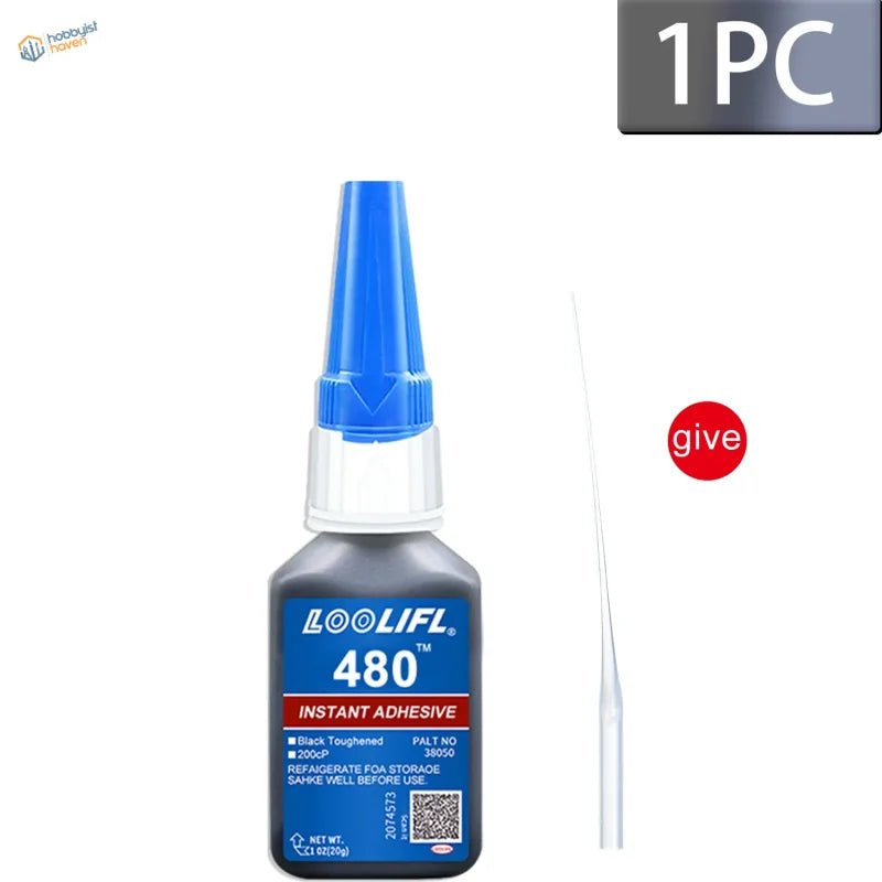 Blue-tipped 20ml bottle of loolifl 480 black cyanoacrylate adhesive with white nozzle in single 20ml bottle design
