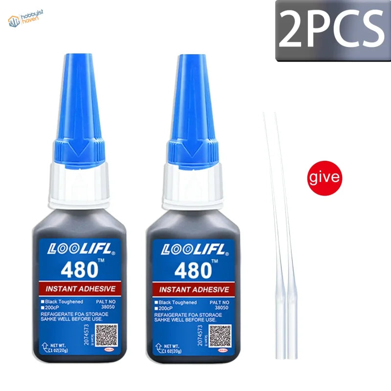 Two black 20ml bottles of loolifl 480 black cyanoacrylate adhesive with blue caps and clear application tips