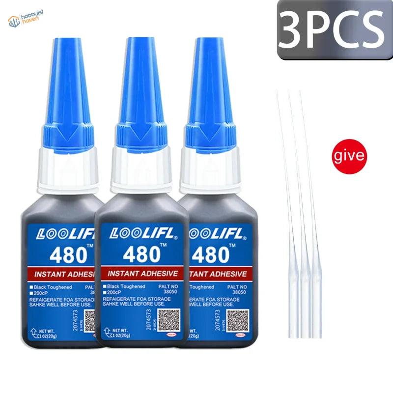 Three black bottles of loolifl 480 instant black cyanoacrylate adhesive with blue caps and 20ml size each
