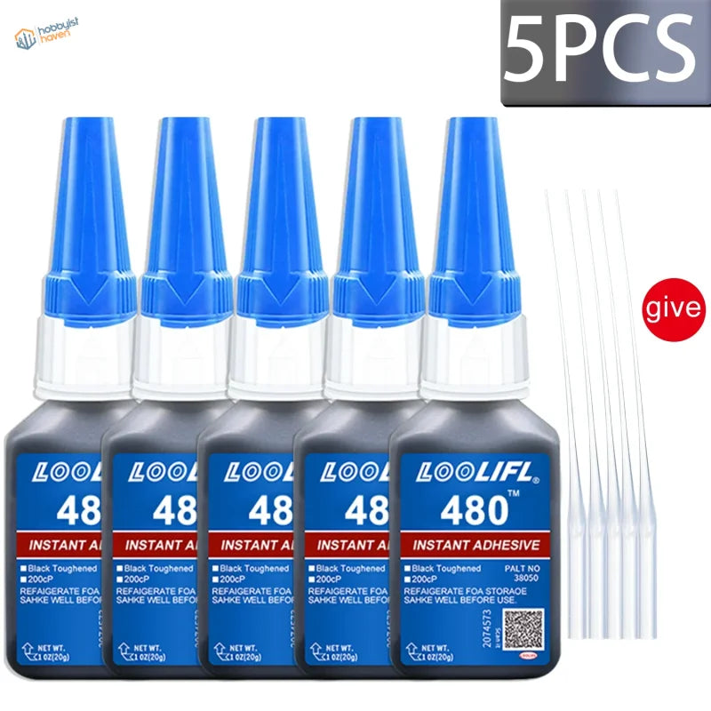Five 20ml bottles of loolifl black cyanoacrylate adhesive with blue caps for strong instant bonding