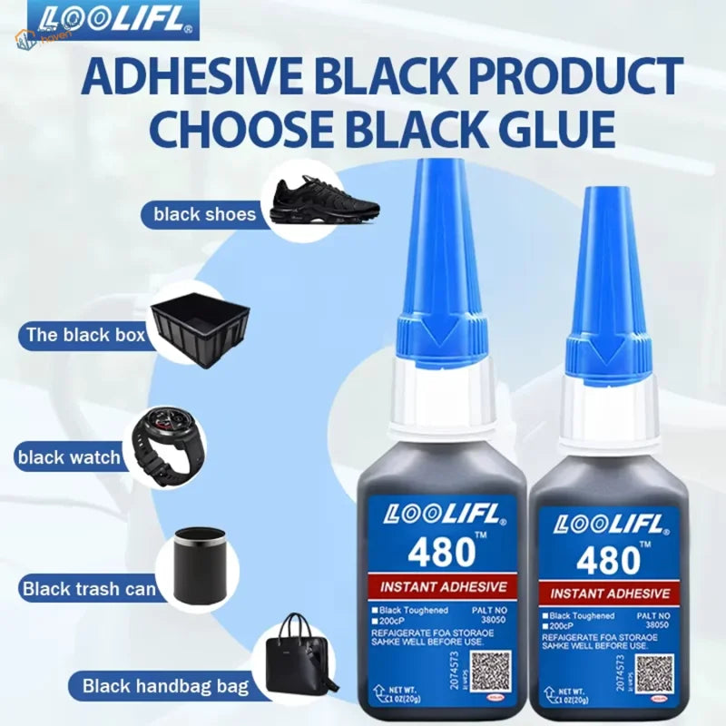 Two black bottles of loolifl 480 instant adhesive with blue caps and white labels in a pack of 20ml black cyanoacrylate adhesive
