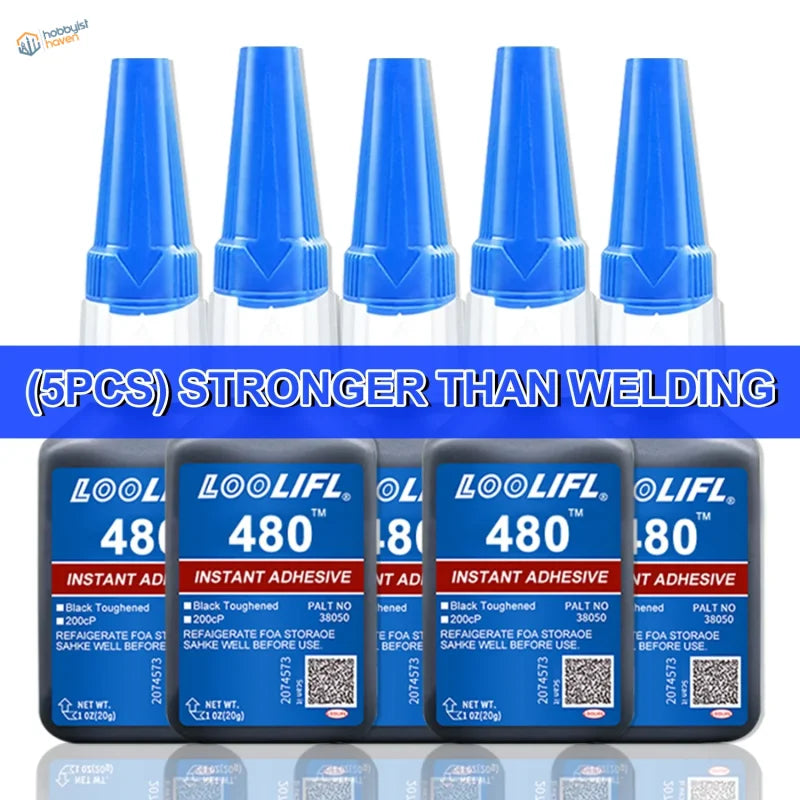 Five clear-bodied 20ml bottles of black cyanoacrylate adhesive with blue tops arranged in a row for instant bonding