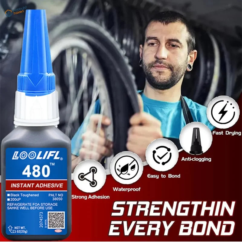 Blue and white capped single 20ml bottle of loofil 480 black cyanoacrylate adhesive for strong bonding