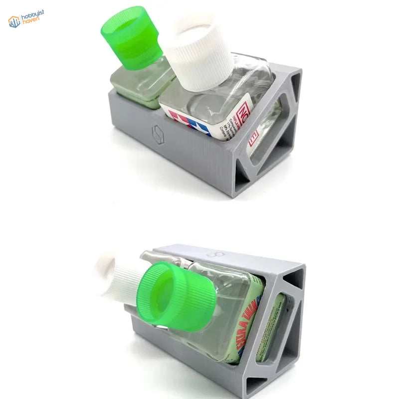 Gray 2-slot glue holder for scale modeling tools with clear bottles