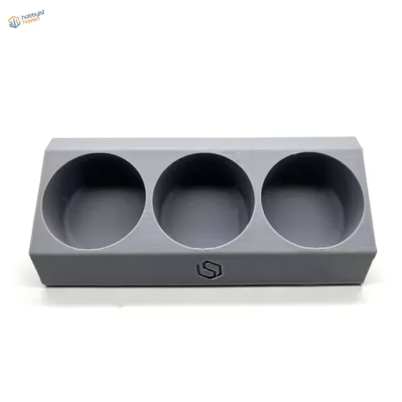 Gray 3-slot glue holders for scale modeling tools with embossed logo