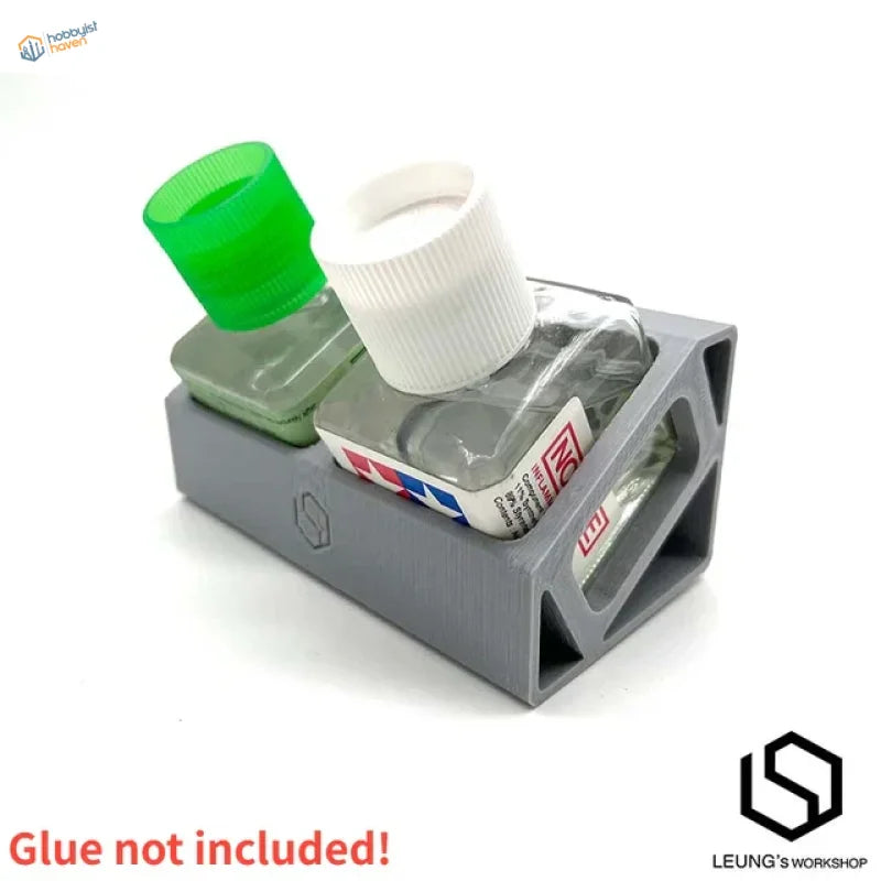 Gray 3D-printed glue holder for scale modeling with 2 slots and bottles