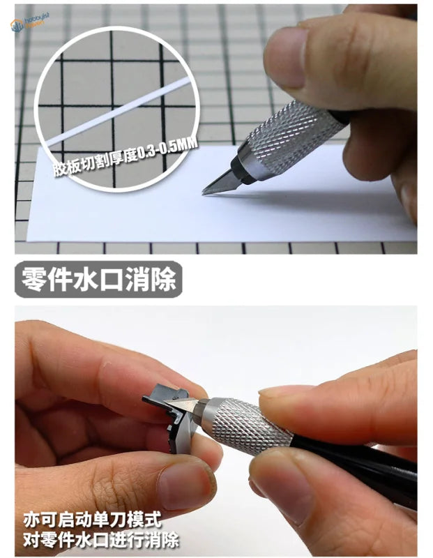Silver textured precision cutting knife with black grip for scale modeling tools