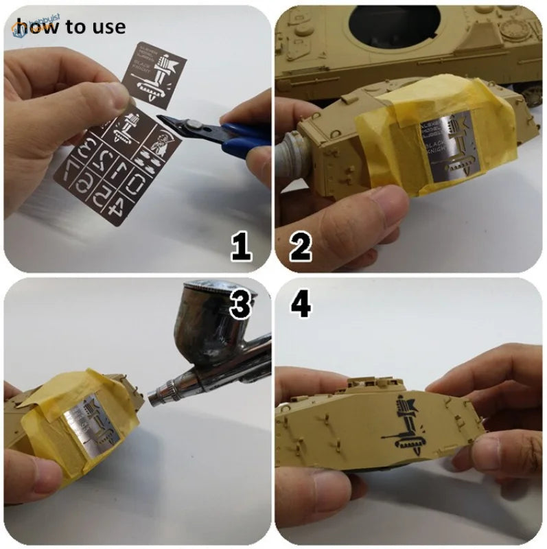 Tan plastic model tank with black airbrushed numbers stencil for 1/35 scale modeling