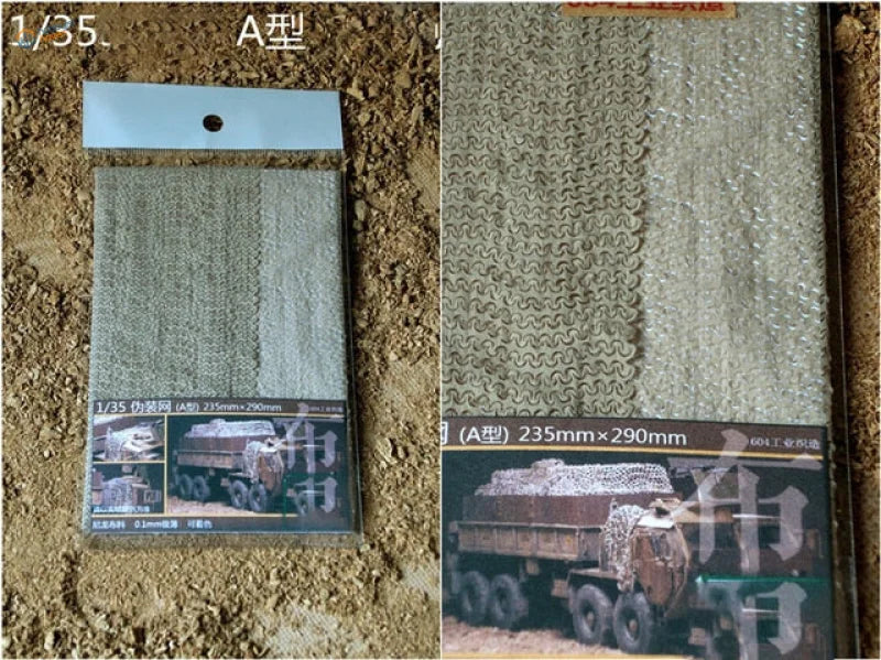 1/35 scale camouflage nets in olive drab, detailed woven texture in clear package