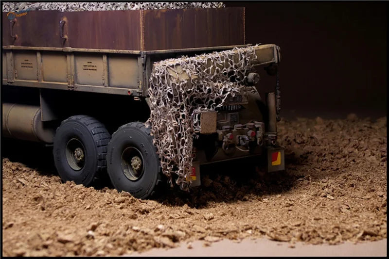 1/35 scale military dump truck rear with camouflage nets, weathered panels