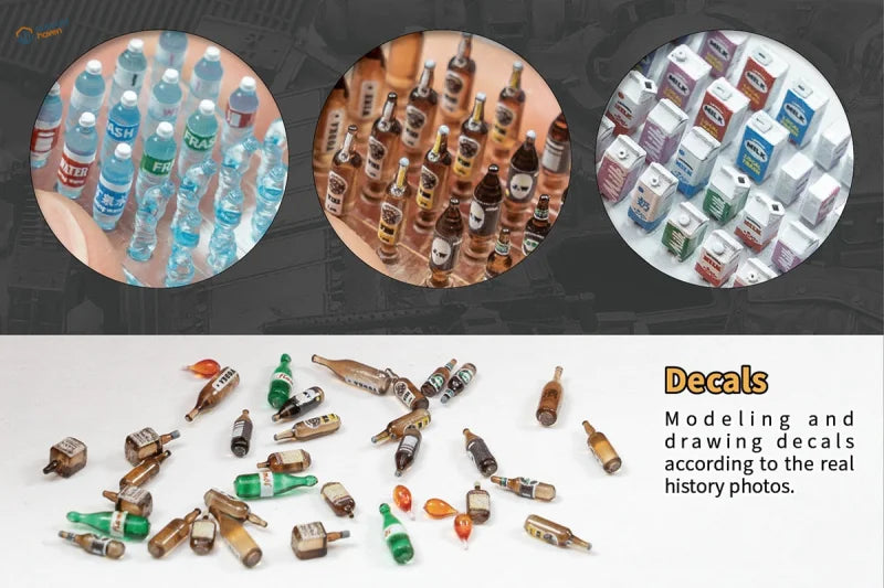 1/35 1/32 3D printed water bottle models with colorful miniature bottles and cans