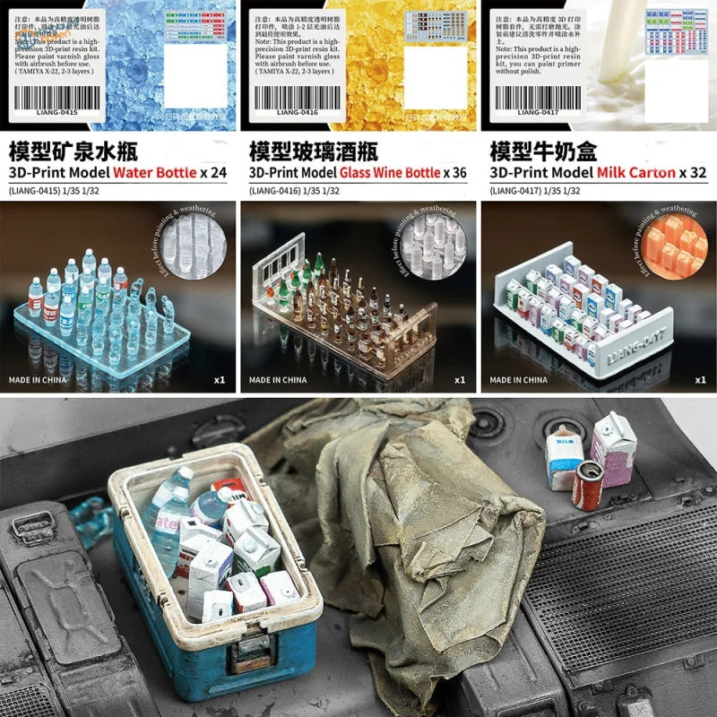 Blue 1/35 1/32 3D printed water bottle models in plastic cooler