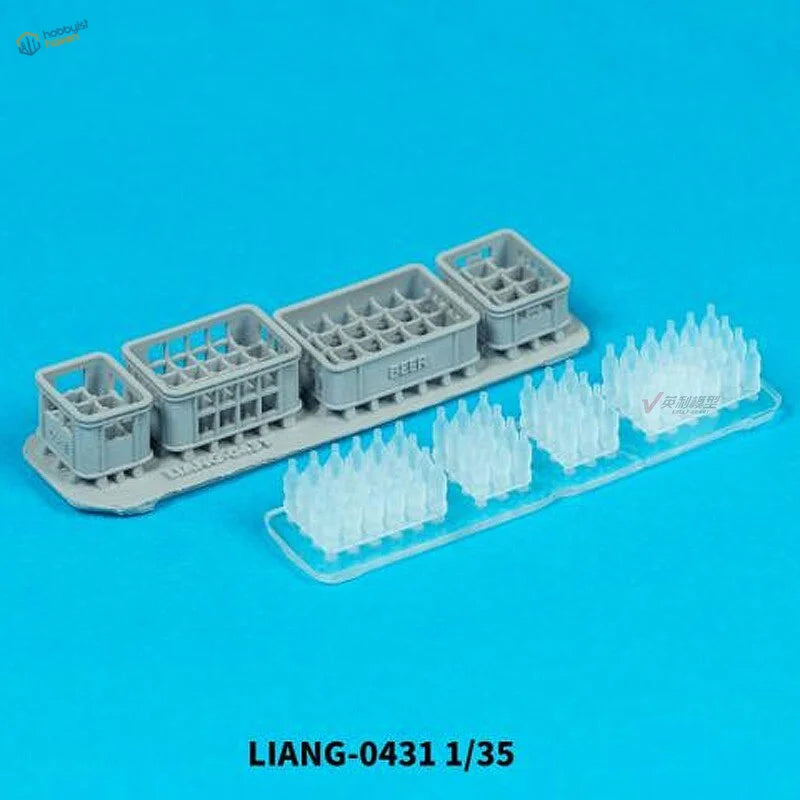 Gray plastic 1/35 scale beer crate carriers with clear soda bottles for model building tools