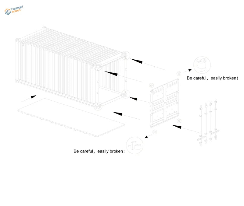 White line drawing of labeled 1/35 20ft container model kit parts