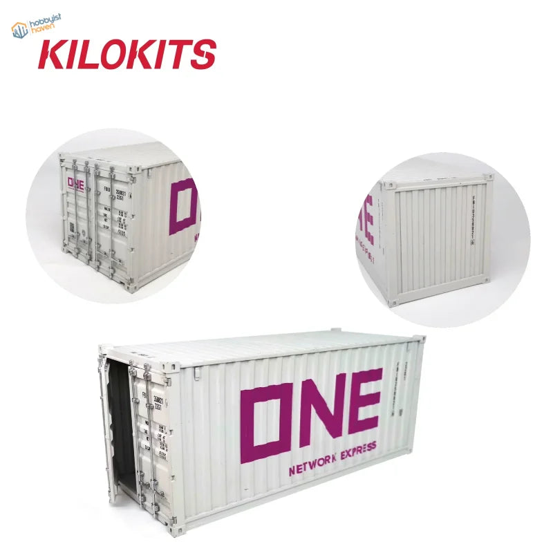 White 1/35 20ft shipping container model kit with purple one network express branding and detailed metal fittings for precision hobby tools