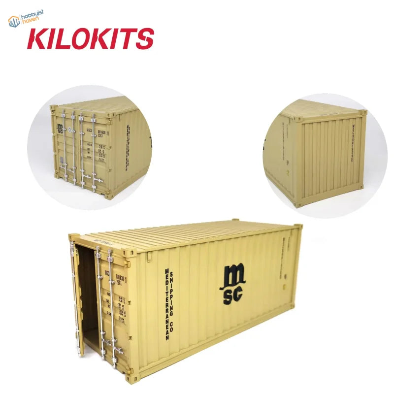 Tan-colored 1/35 20ft shipping container model kit with black msc logo and detailed markings for precision hobby tools