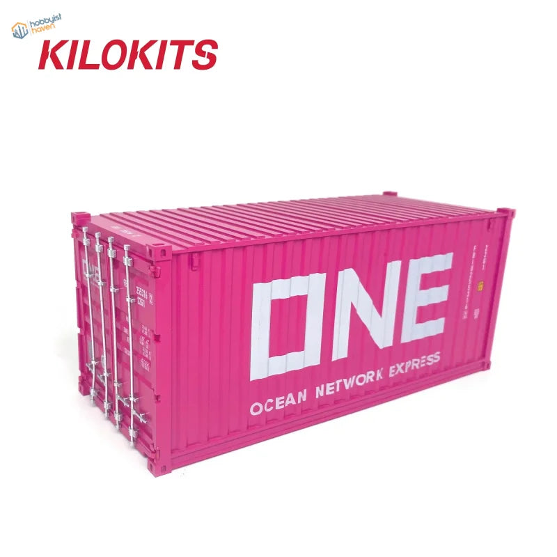 Vibrant pink 1/35 20ft shipping container model kit with one ocean network express branding for precision hobby tools