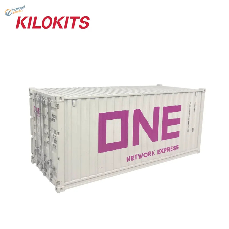 White 1/35 scale 20ft shipping container model kit with bold magenta one network express branding ideal for precision hobby tools
