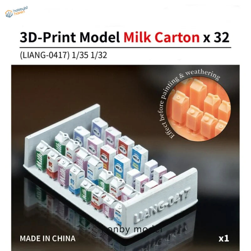 1/35 3D printed milk cartons: rack with 32 colorful models